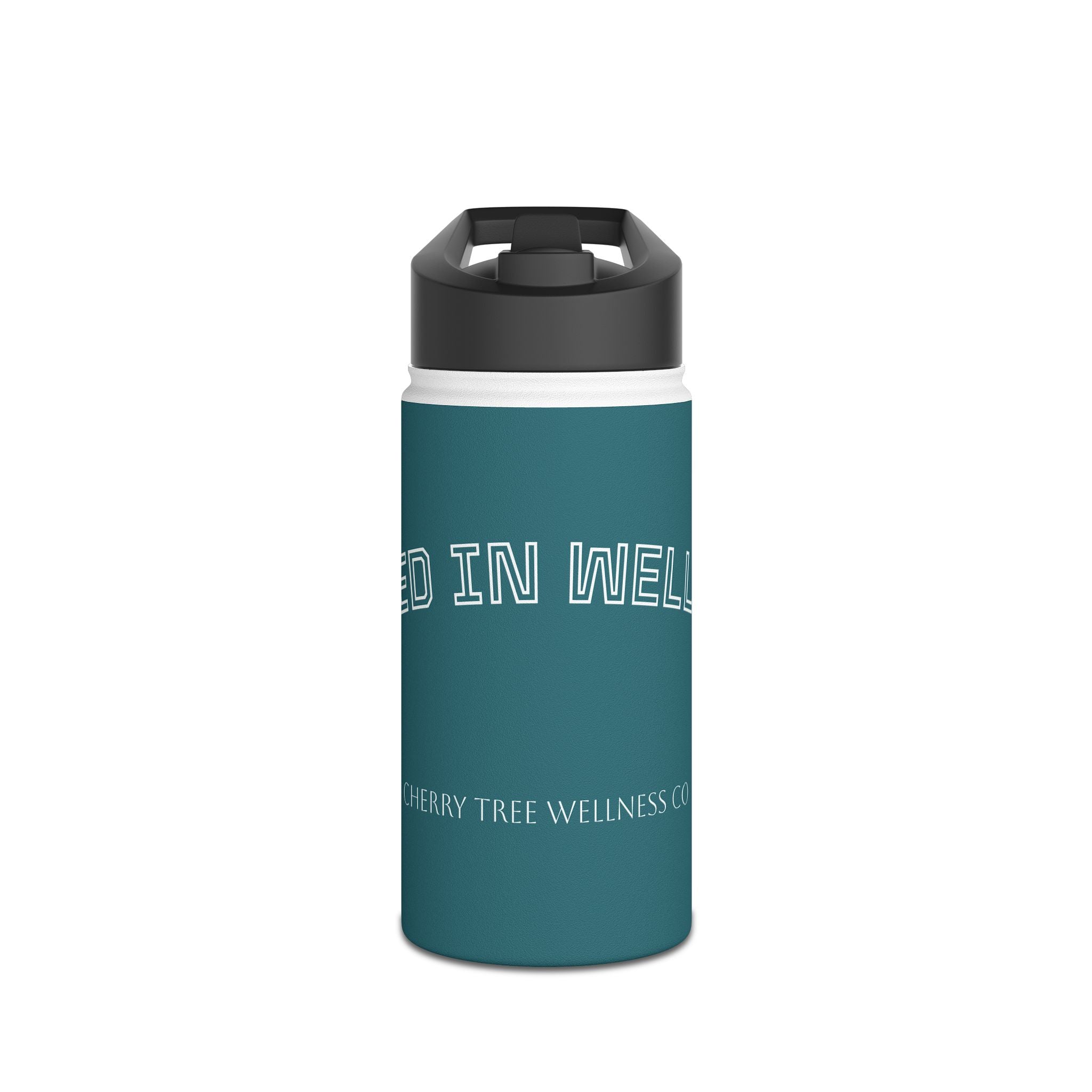 Stainless Steel Water Bottle — Insulated Teal Bottle with 'Rooted in Wellness'