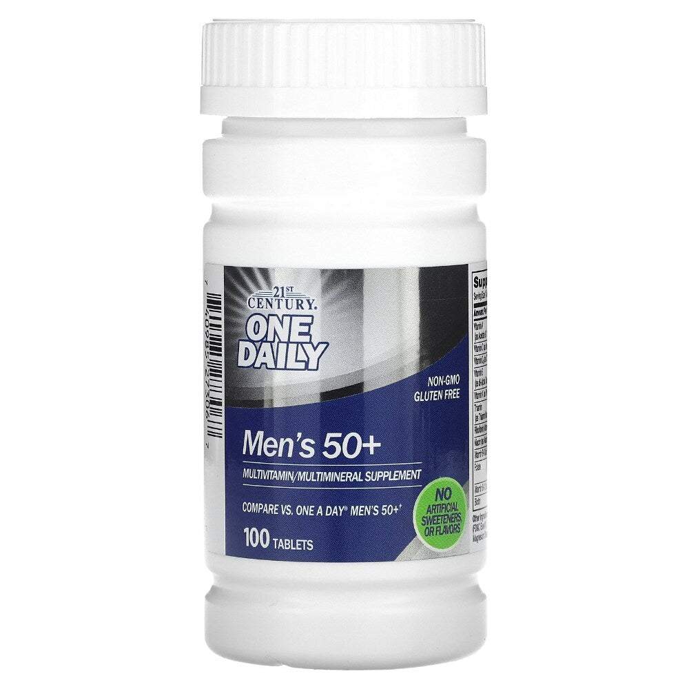 21st Century One Daily multivitamin bottle with a white plastic container, blue and silver label, and Men's 50+ supplement details