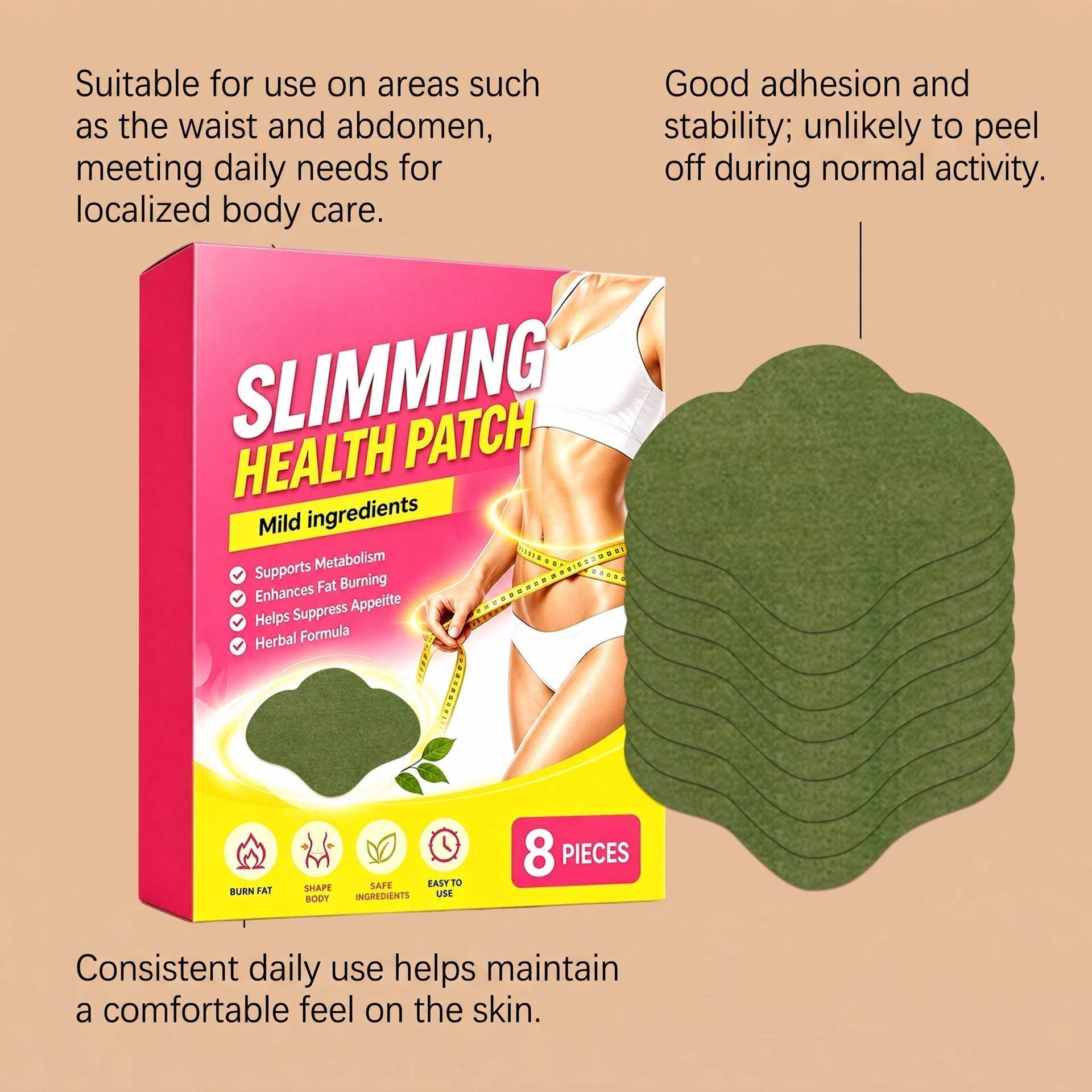 Body Care Patch shown as layered olive-green leaf-shaped patches beside a pink slimming health patch box