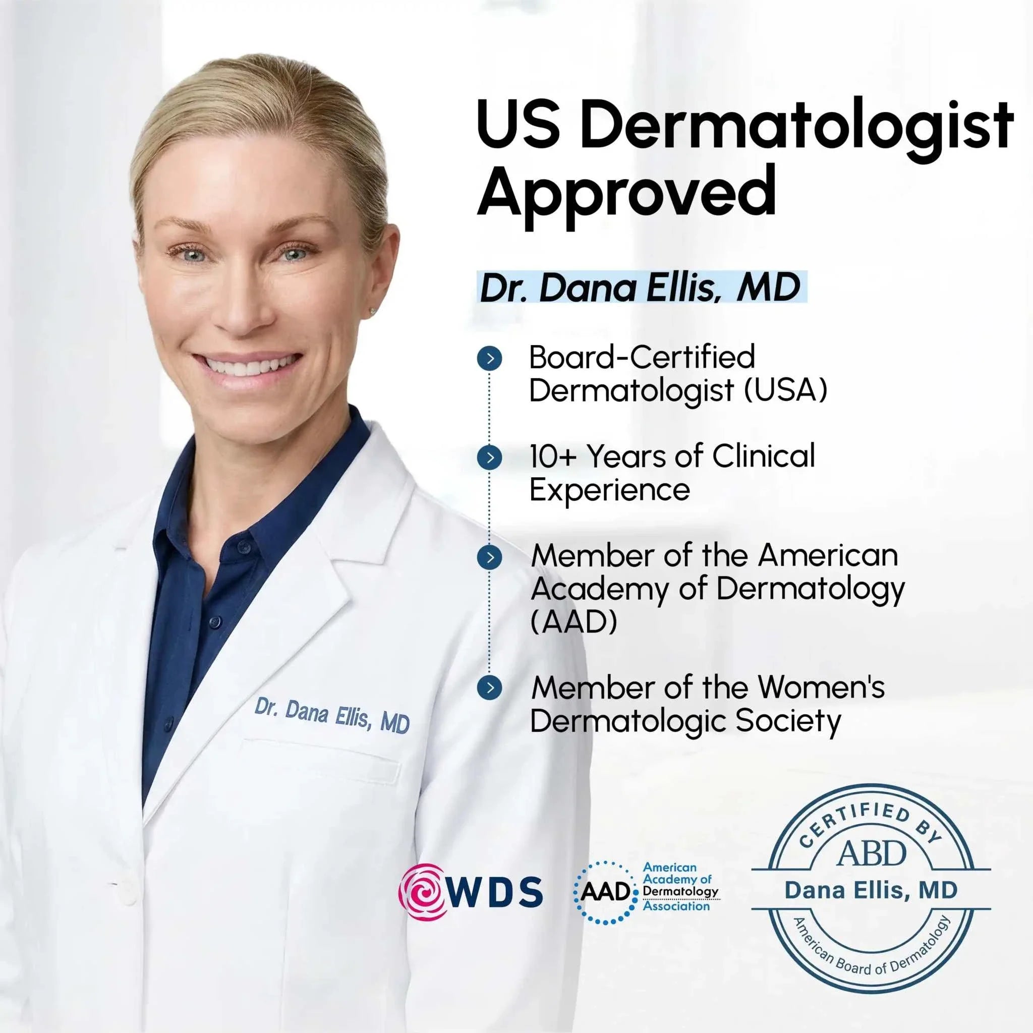 Retinol Under Eye Brightener promotional graphic featuring dermatologist Dr. Dana Ellis in a white coat and credentials