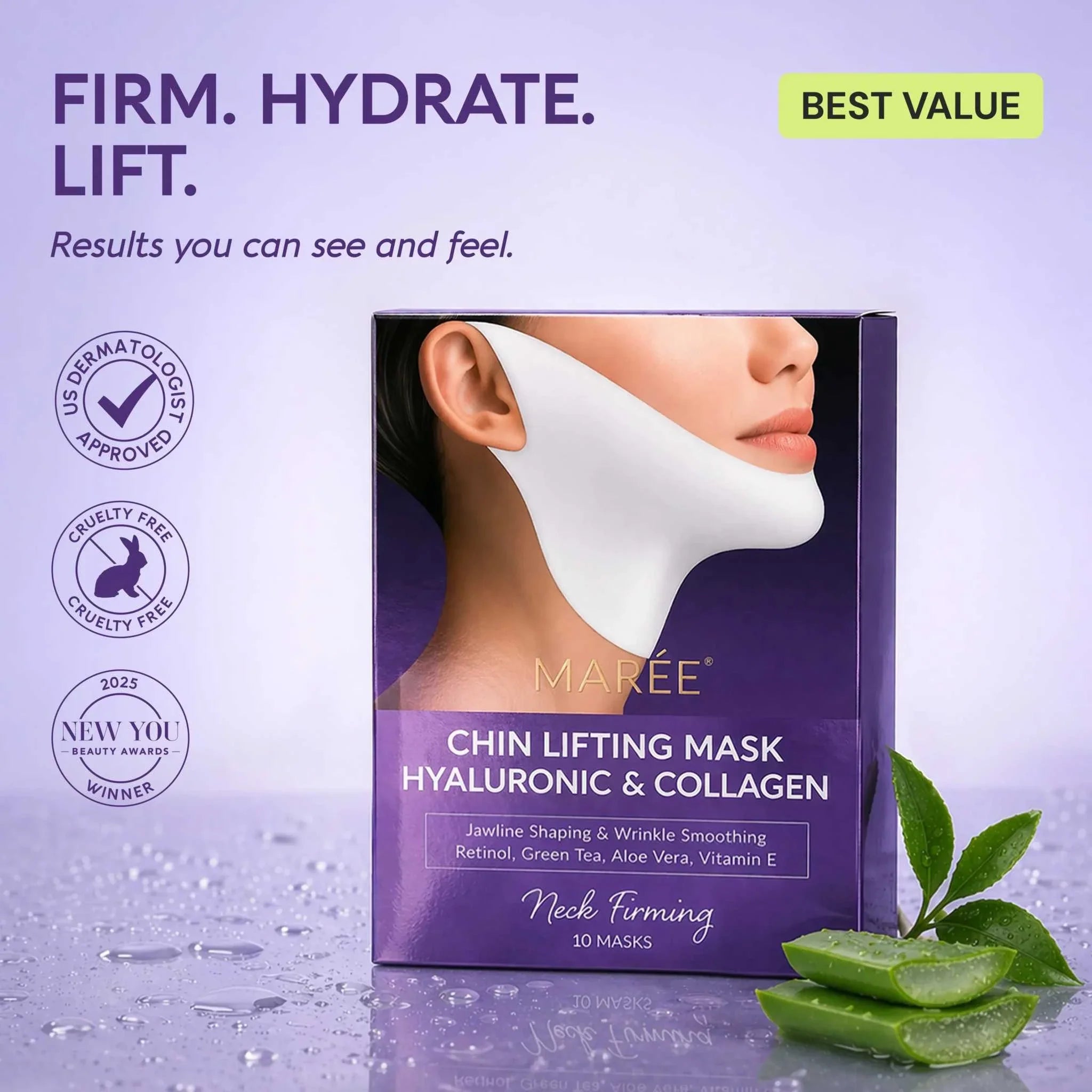 Hyaluronic Acid V-line Lifting Mask in a purple box, with a white chin mask pictured and aloe leaves at the base