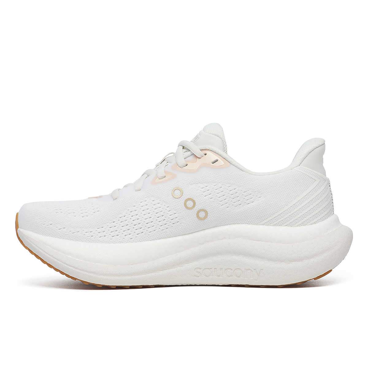 Saucony Women's Triumph 23 running shoe in white mesh with tonal logo, thick cushioned sole and gum outsole