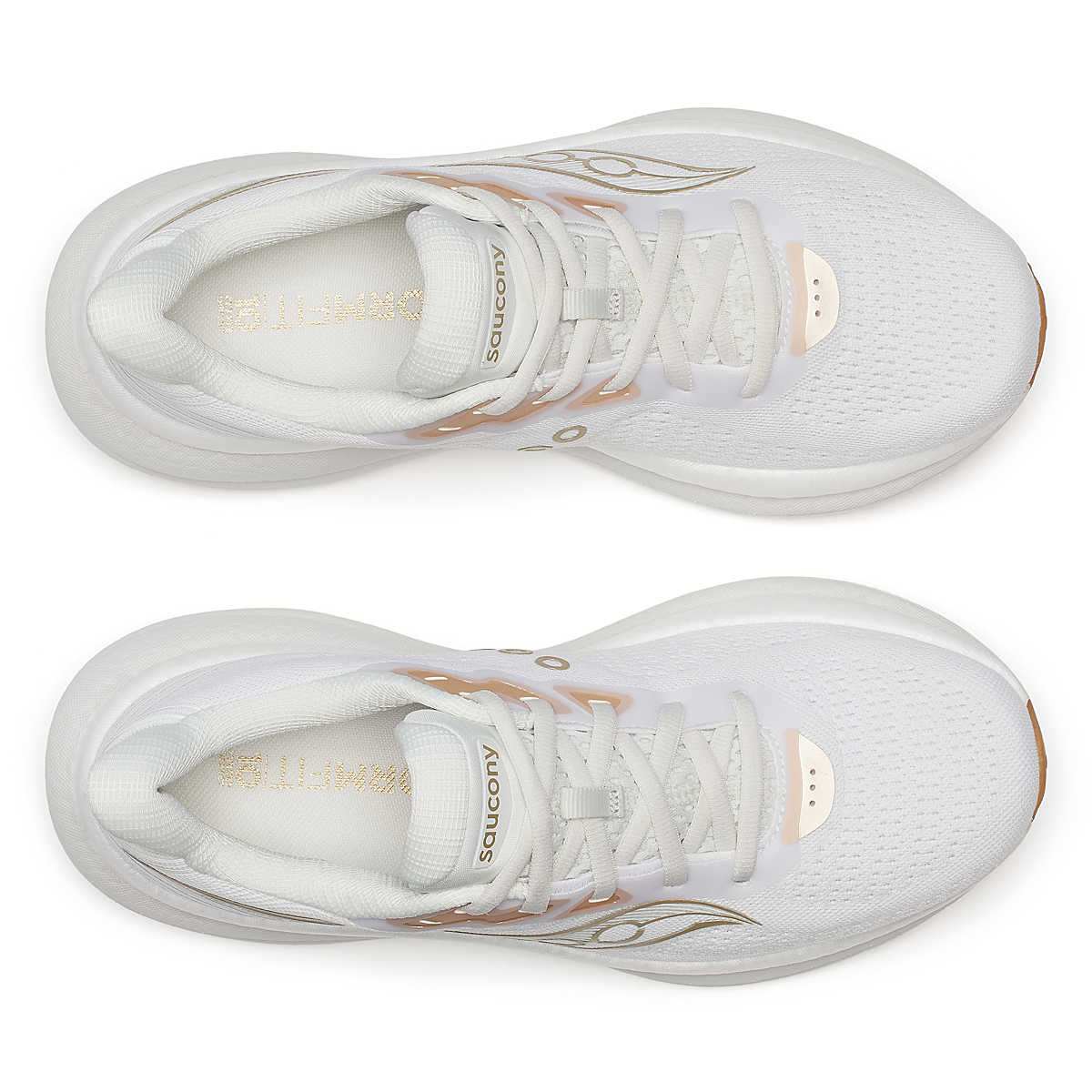 Saucony Women's Triumph 23 running shoes in white mesh with cream and pale gold accents, cushioned soles and lace-up fronts