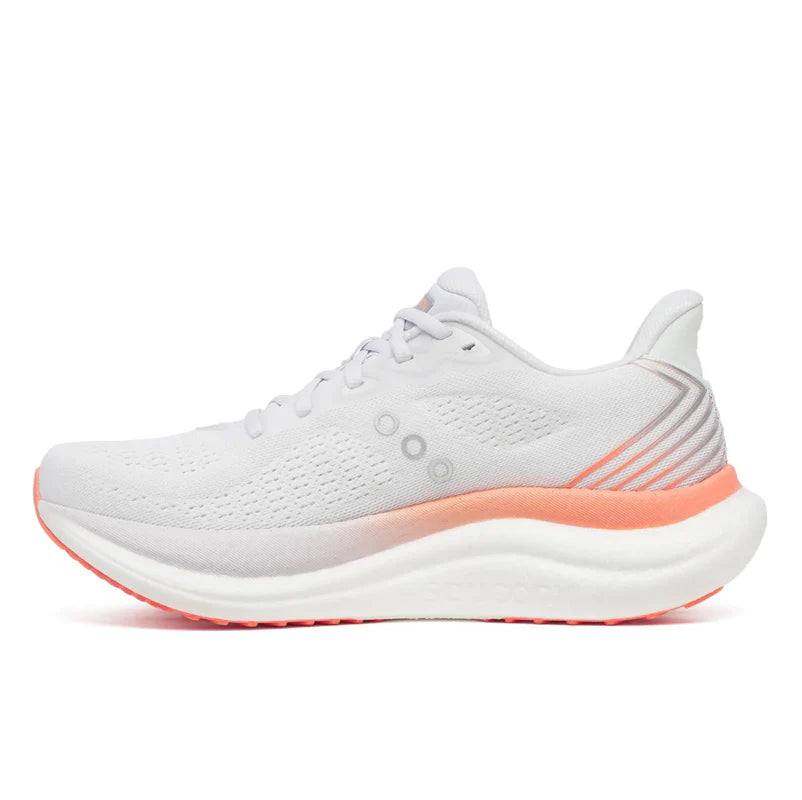 Saucony Women's Triumph 23 running shoe in white mesh with coral accents, tonal laces and a thick cushioned sole
