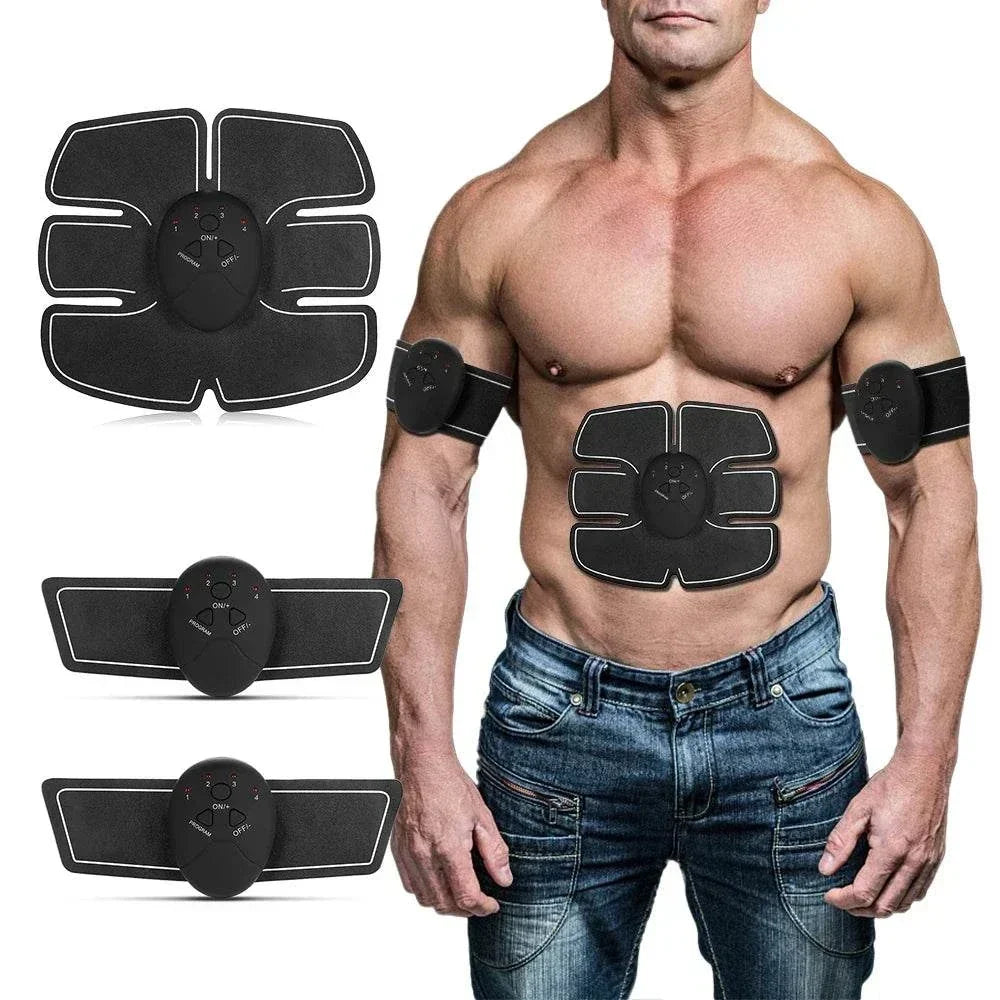 Abdominal Muscle Trainer electronic black PU gel pads with remote control, shown on chest and arms of muscular man in jeans.