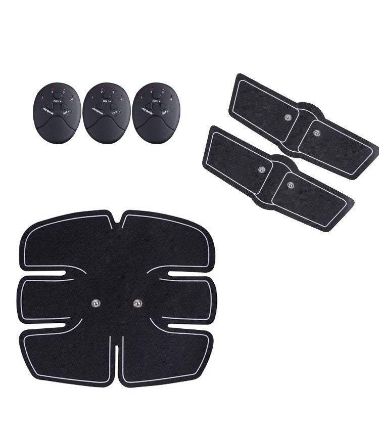 Abdominal Muscle Trainer set in black with PU and ABS material, featuring LED display controllers and adhesive gel pads for toning belly and arms.