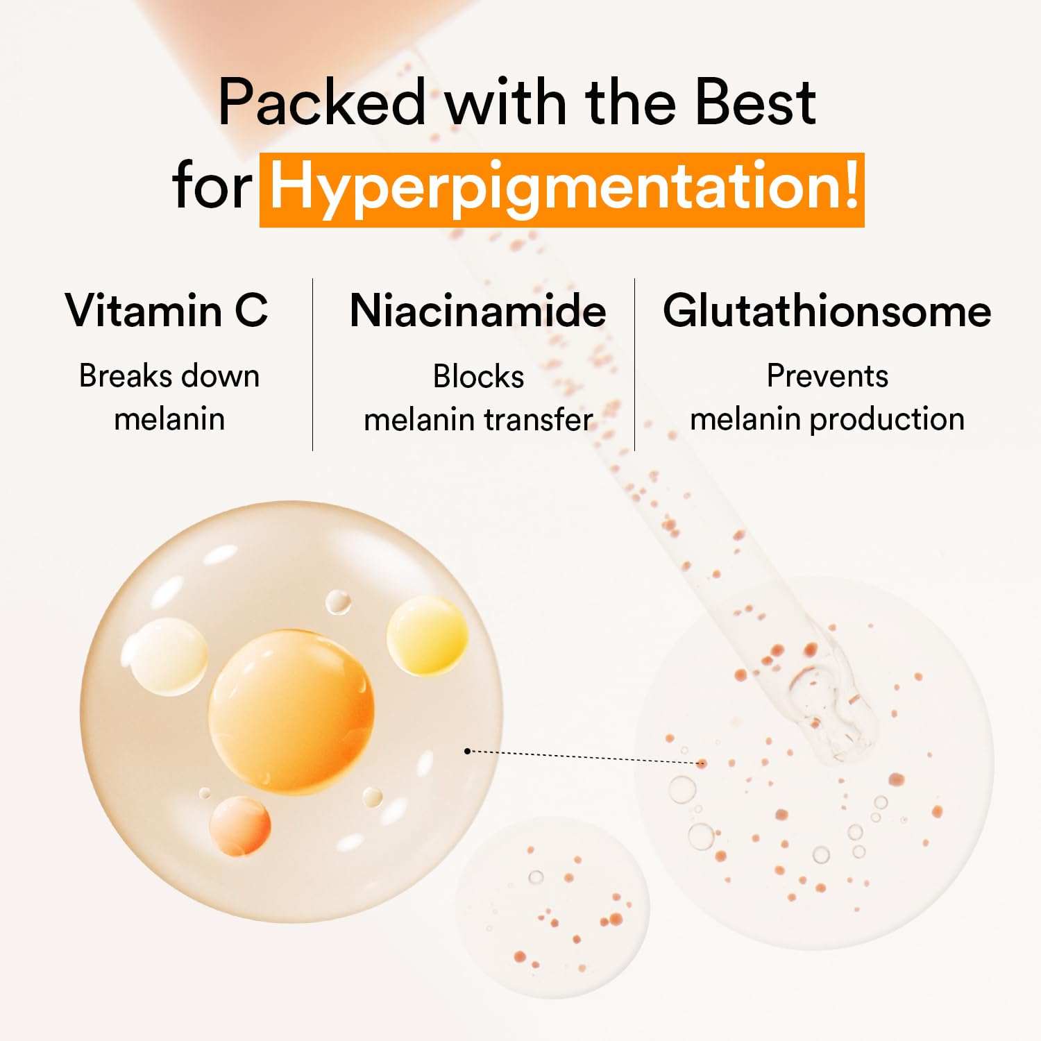 Graphic showing three key ingredients vitamin C, niacinamide, and glutathionsome with descriptive text for Abib Glutathiosome Dark Spot Serum