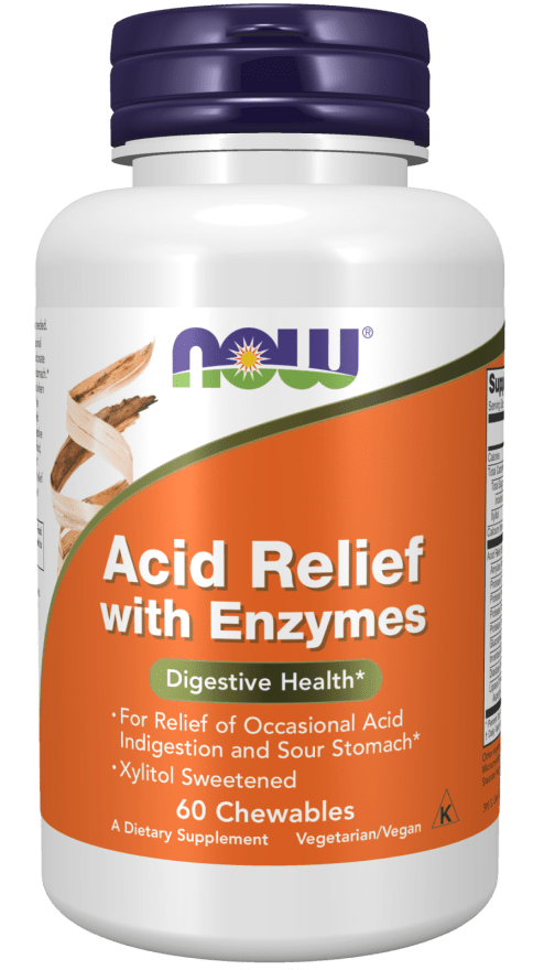 Acid Relief with Enzymes chewable supplement in a white bottle with a dark purple cap and orange label