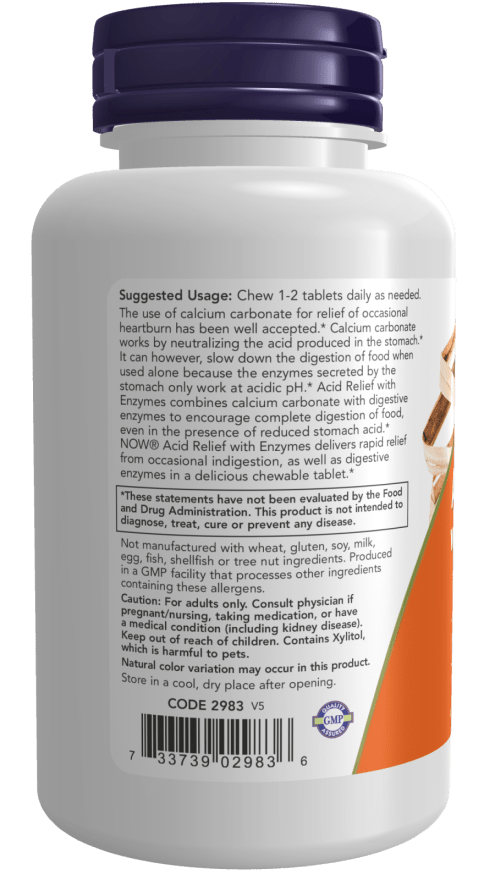 Acid Relief with Enzymes chewable tablets in a white bottle with a dark purple cap and orange label