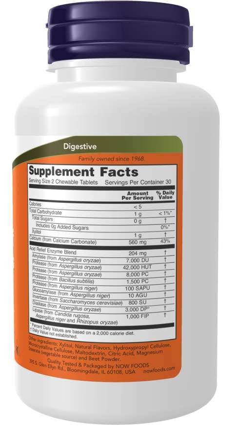 Acid Relief with Enzymes chewable supplement bottle with a white body, dark purple cap, and green and orange label