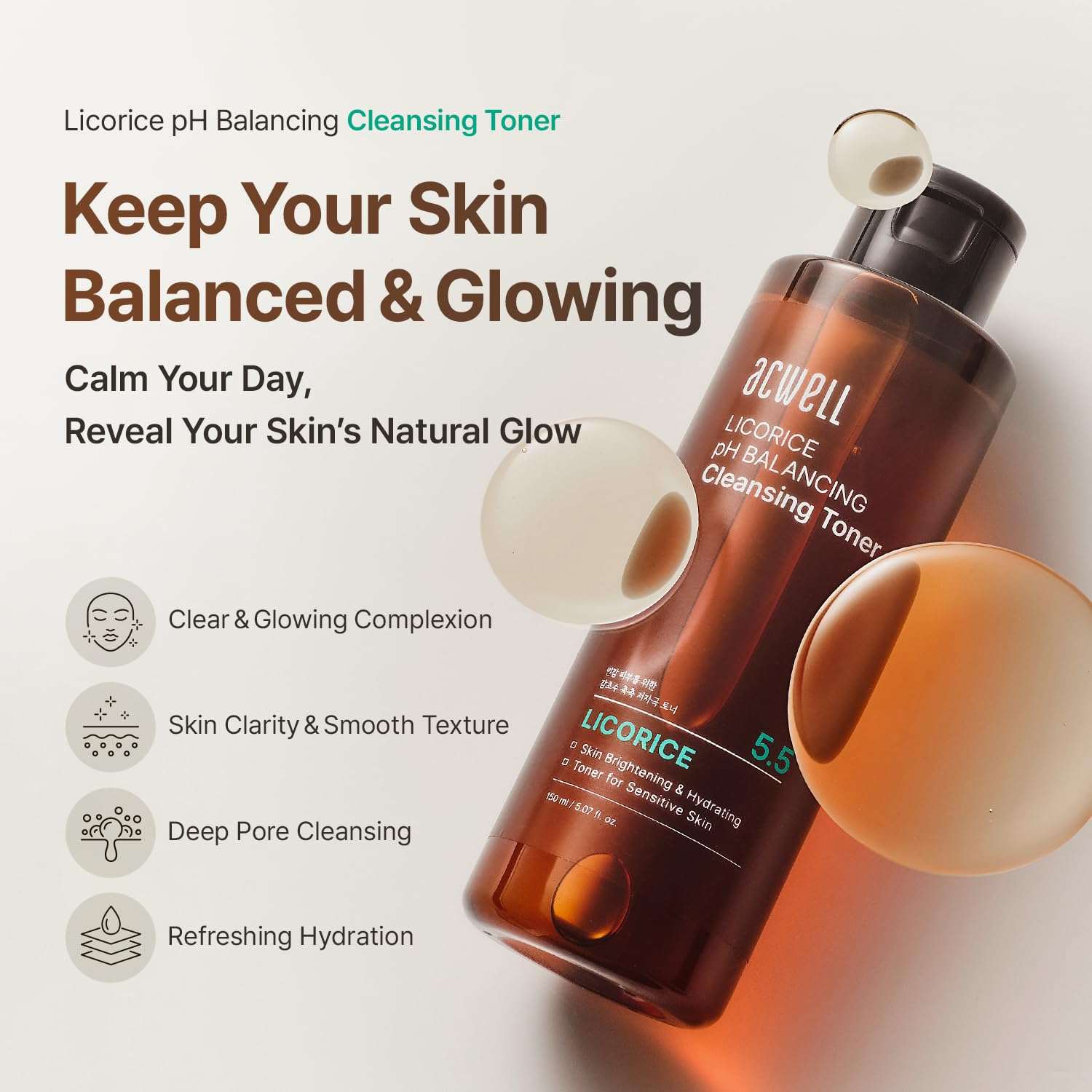 ACKWELL Cleansing Toner in an amber bottle, featuring licorice pH-balancing formula and green label accents