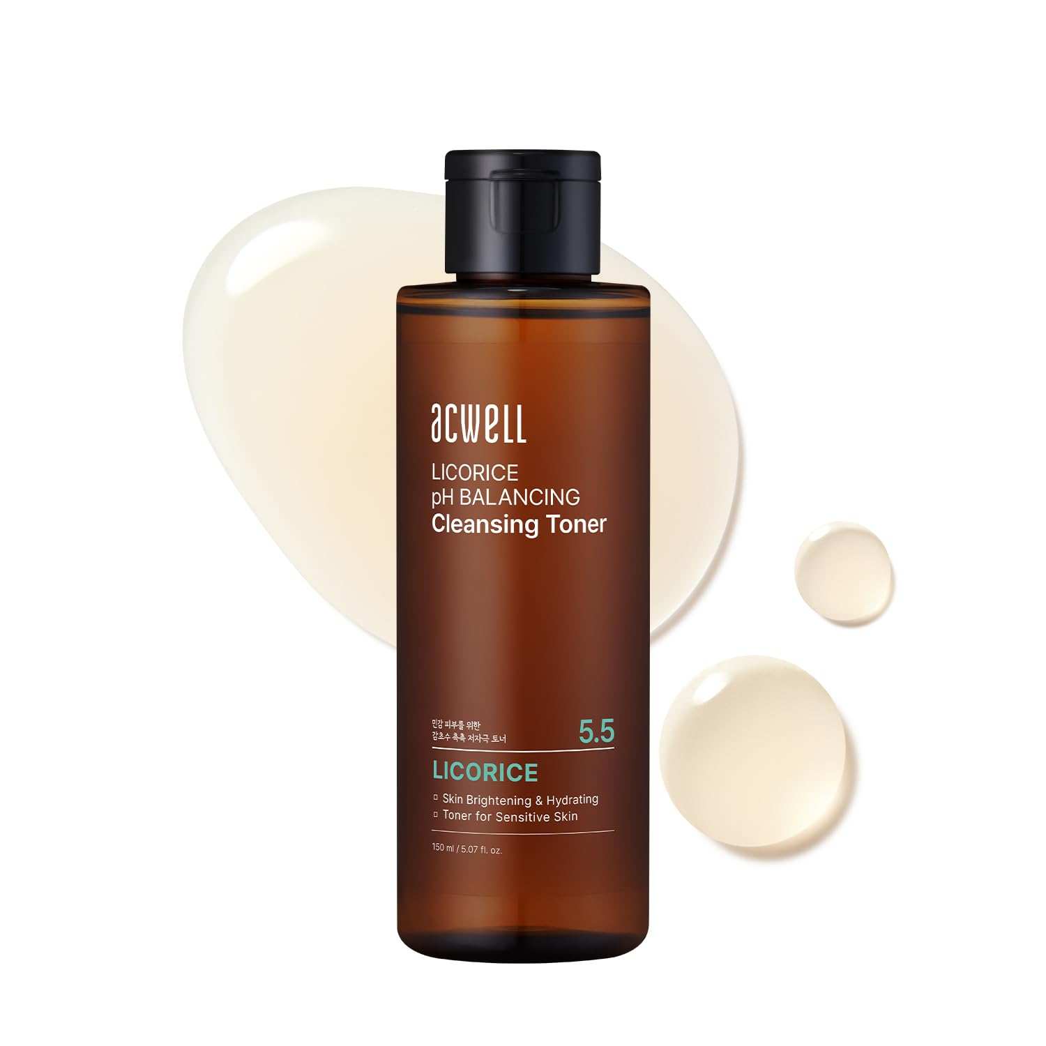 ACKWELL Cleansing Toner in a brown bottle with black cap, featuring licorice pH-balancing formula label
