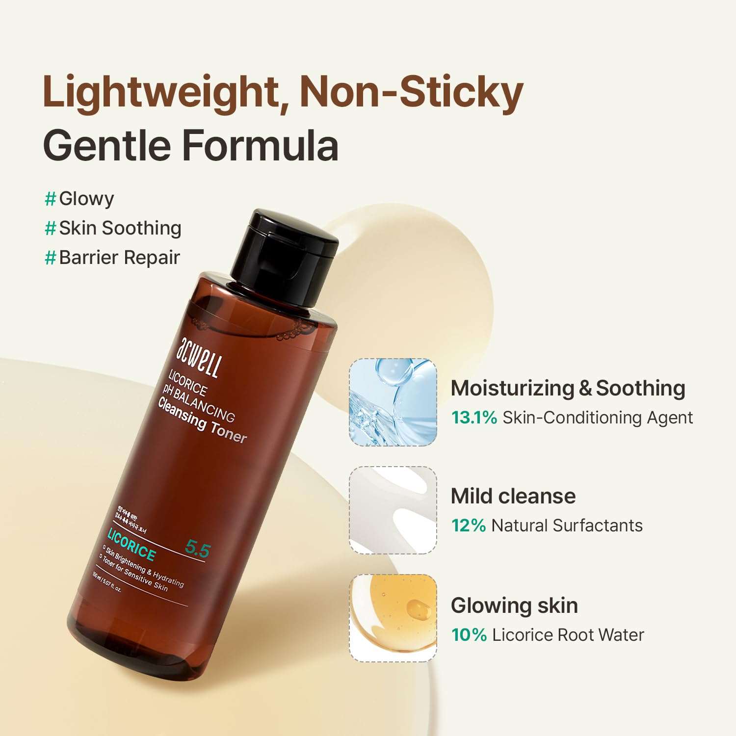 ACKWELL Cleansing Toner in a translucent amber bottle with black cap and Licorice label, 150ml size