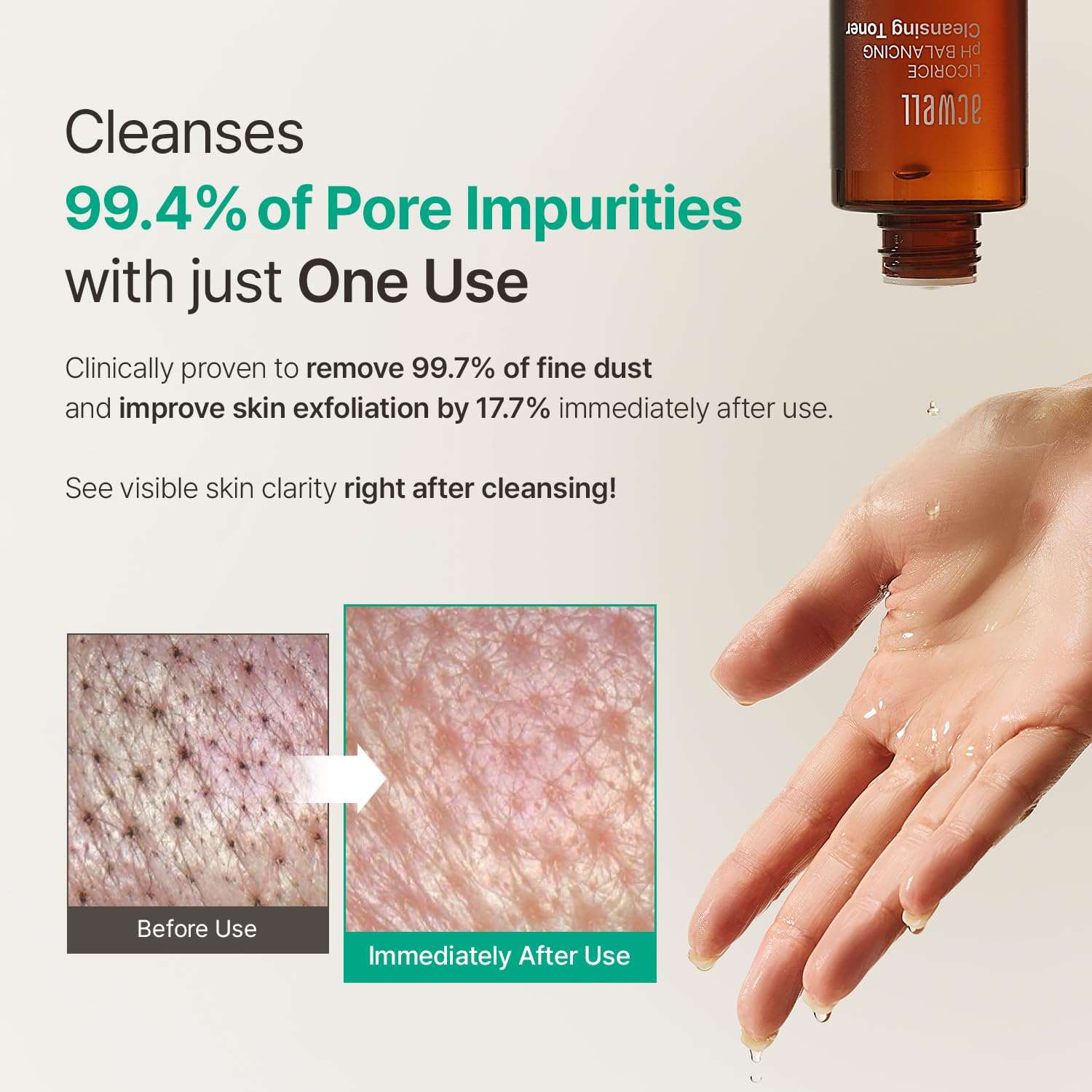 ACKWELL Cleansing Toner cleansing product shown with claims of 99.4% pore impurity removal and clearer skin after use