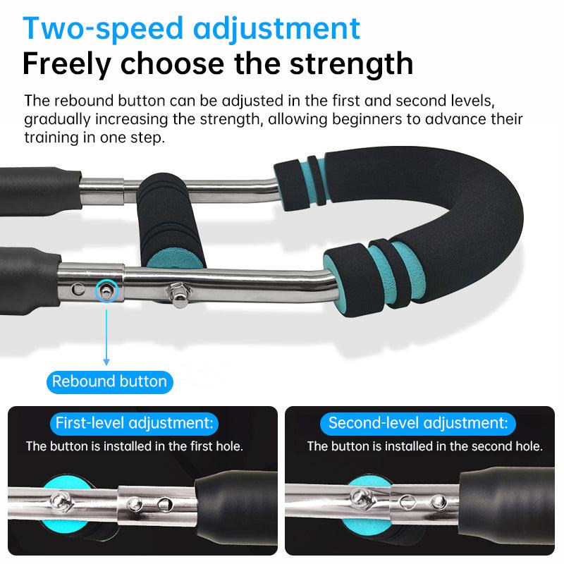Adjustable Spring Twister arm exerciser with black foam handles and stainless steel frame featuring two-level strength adjustment buttons.