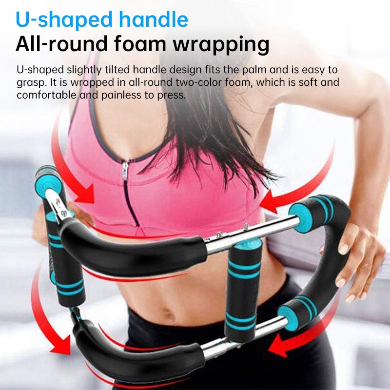 Adjustable Spring Twister arm exerciser with black and blue foam-wrapped U-shaped handles and silver steel springs for grip and comfort.
