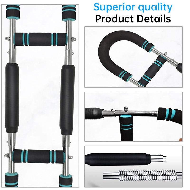 Adjustable Spring Twister arm exerciser featuring black foam grips with turquoise stripes and a durable steel spring design.