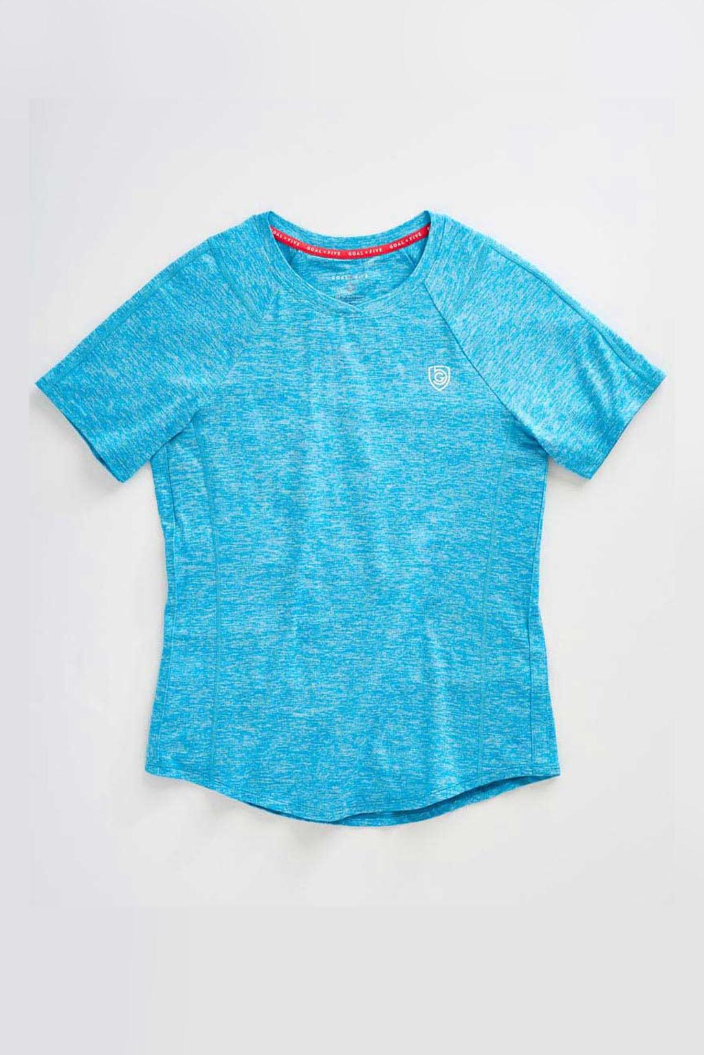 Advance Women's Training Top in heathered turquoise blue fabric, with short raglan sleeves, a crew neck and curved hem