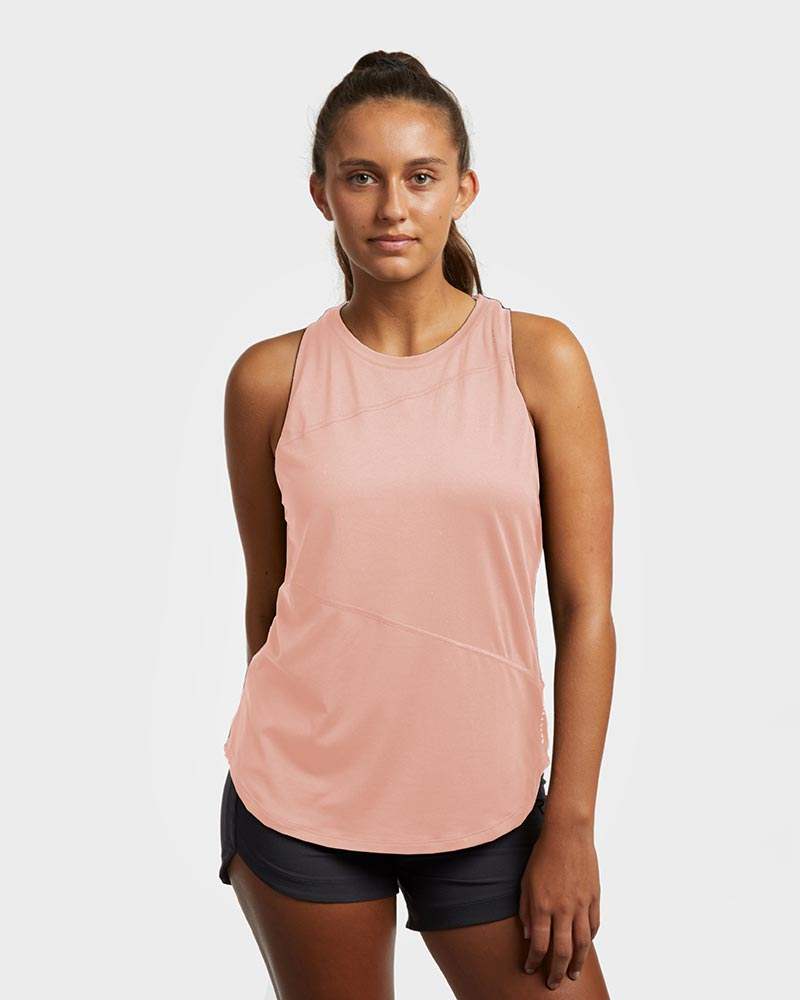 Advance Women's Workout Tank in soft pink, sleeveless smooth fabric with a high crew neckline and curved hem