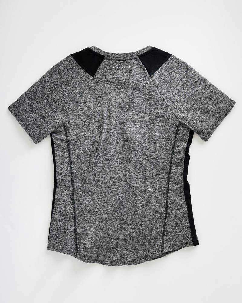 Advance Women's Training Top in heather grey marled fabric with short sleeves, black shoulder panels and side accents