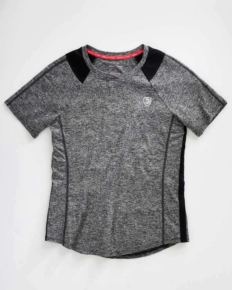 Advance Women's Training Top in heather grey with black shoulder panels and side trim, short sleeves and a small chest emblem