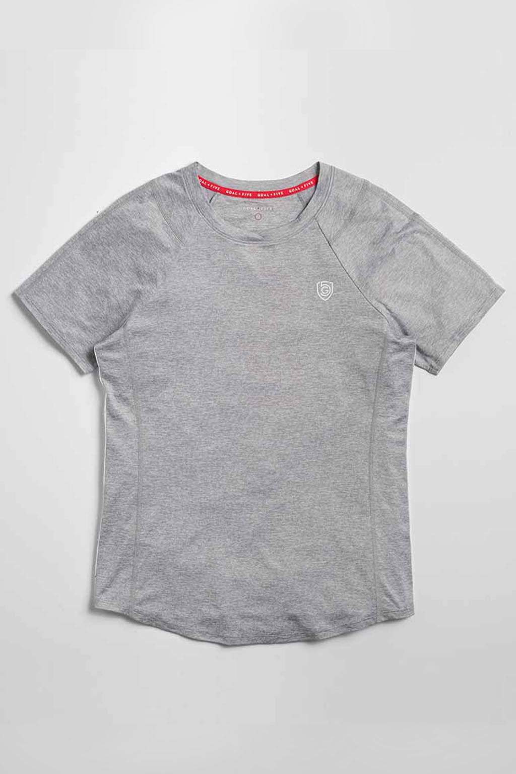 Advance Women's Training Top in heather grey soft fabric, with short sleeves, a small chest logo and red neckline trim
