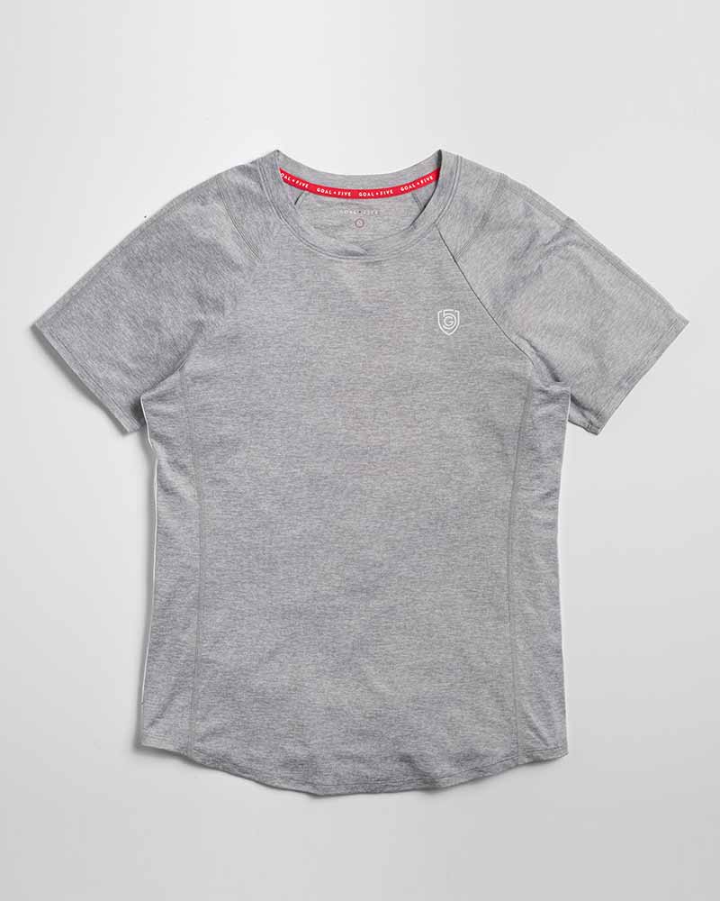 Advance Women's Training Top in heather grey with short sleeves, a crew neck, red inner collar trim and small chest logo
