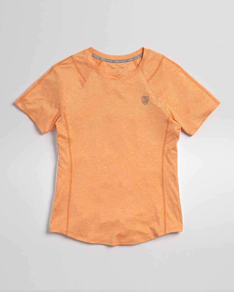 Advance Women's Training Top in heathered orange fabric with short sleeves, crew neck, curved hem and small chest logo