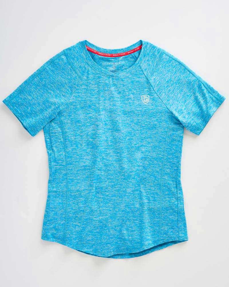 Advance Women's Training Top in heathered turquoise blue fabric with short sleeves, crew neck and small chest logo