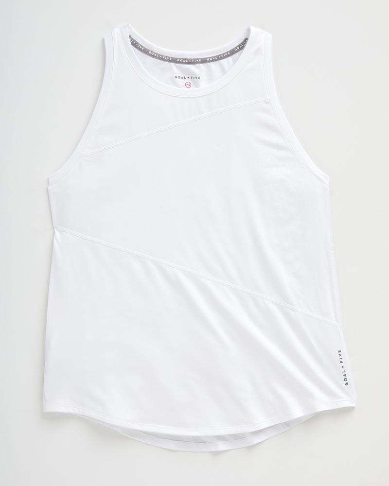 Advance Women's Workout Tank in white lightweight fabric with a scoop neckline, wide straps and curved hem