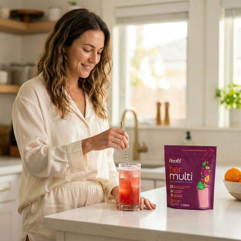Nutritional supplement Advanced Daily Nutrition in a purple resealable pouch labeled "her multi" beside a woman stirring a pink drink in a glass.