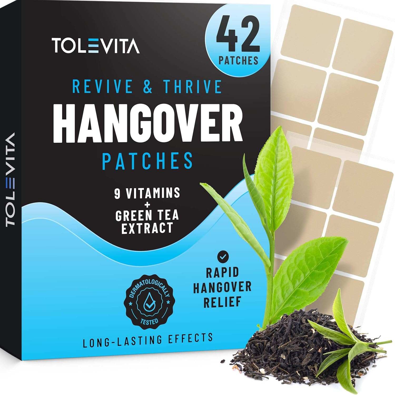 After-Party Hangover Patches box with 42 beige patches, vitamin and green tea extract design