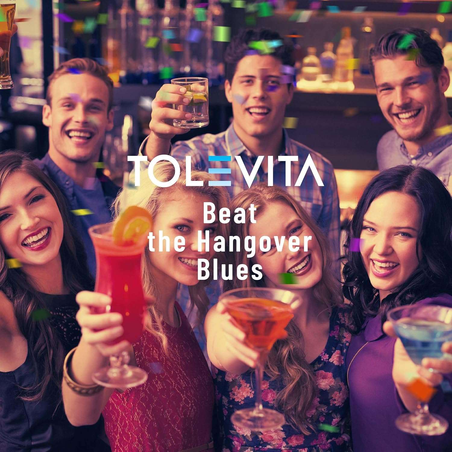 After-Party Hangover Patches promotional graphic featuring friends raising colourful cocktails with “Beat the Hangover Blues” text