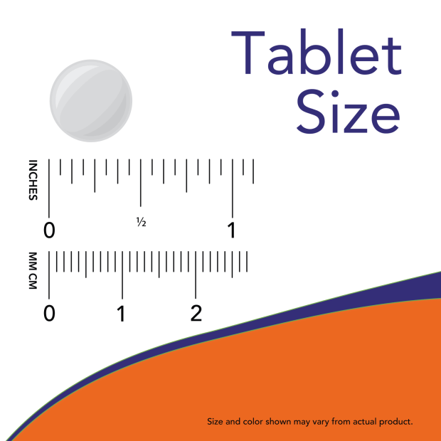 Alfalfa 650mg tablets shown as a small, round, light gray tablet beside inch and millimeter size rulers.