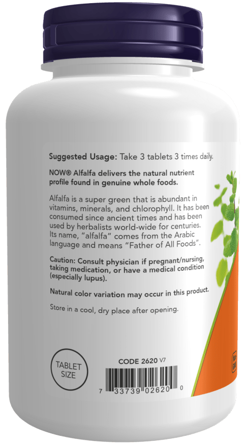 Alfalfa 650mg supplement bottle with a white container, purple cap, and green-and-orange label accents