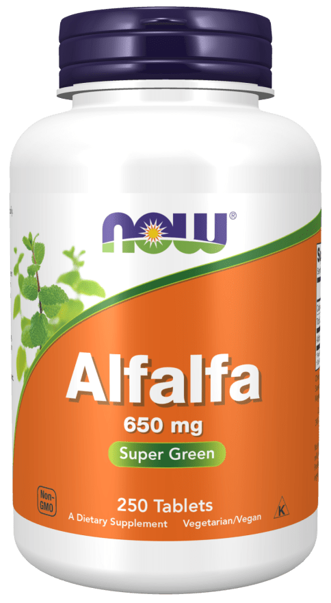 Alfalfa 650mg supplement in a white bottle with a purple cap, orange and green label, and 250 tablets