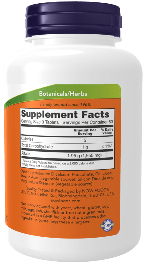 Alfalfa 650mg supplement in a white bottle with a purple cap and orange and green label, 250 tablets