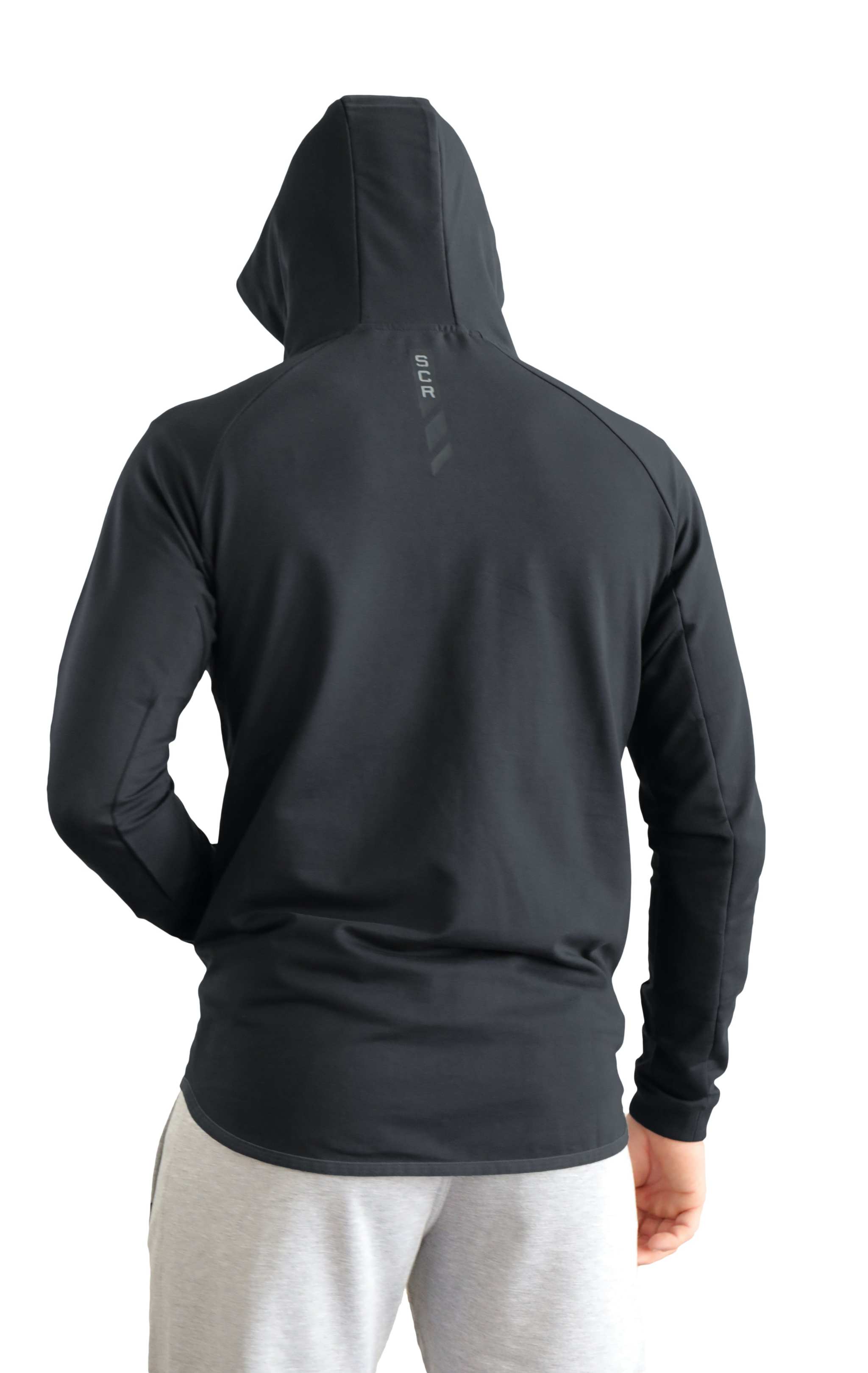 All-Day Comfort Hooded Sweatshirt in black with a soft fabric, fitted long sleeves, and a hood, shown from the back