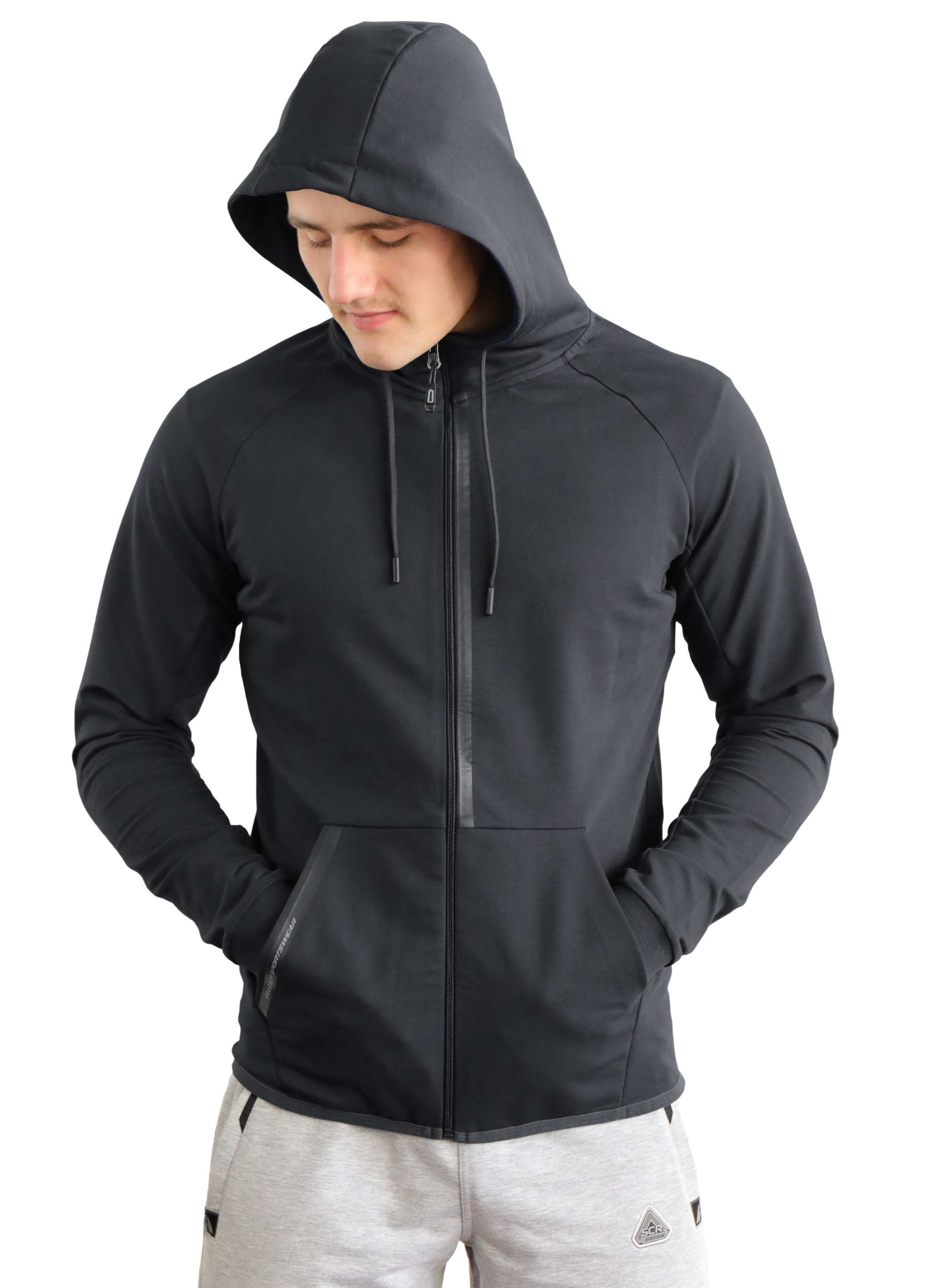All-Day Comfort Hooded Sweatshirt in black, with a slim fit, full-length front zipper, drawstring hood and kangaroo pockets
