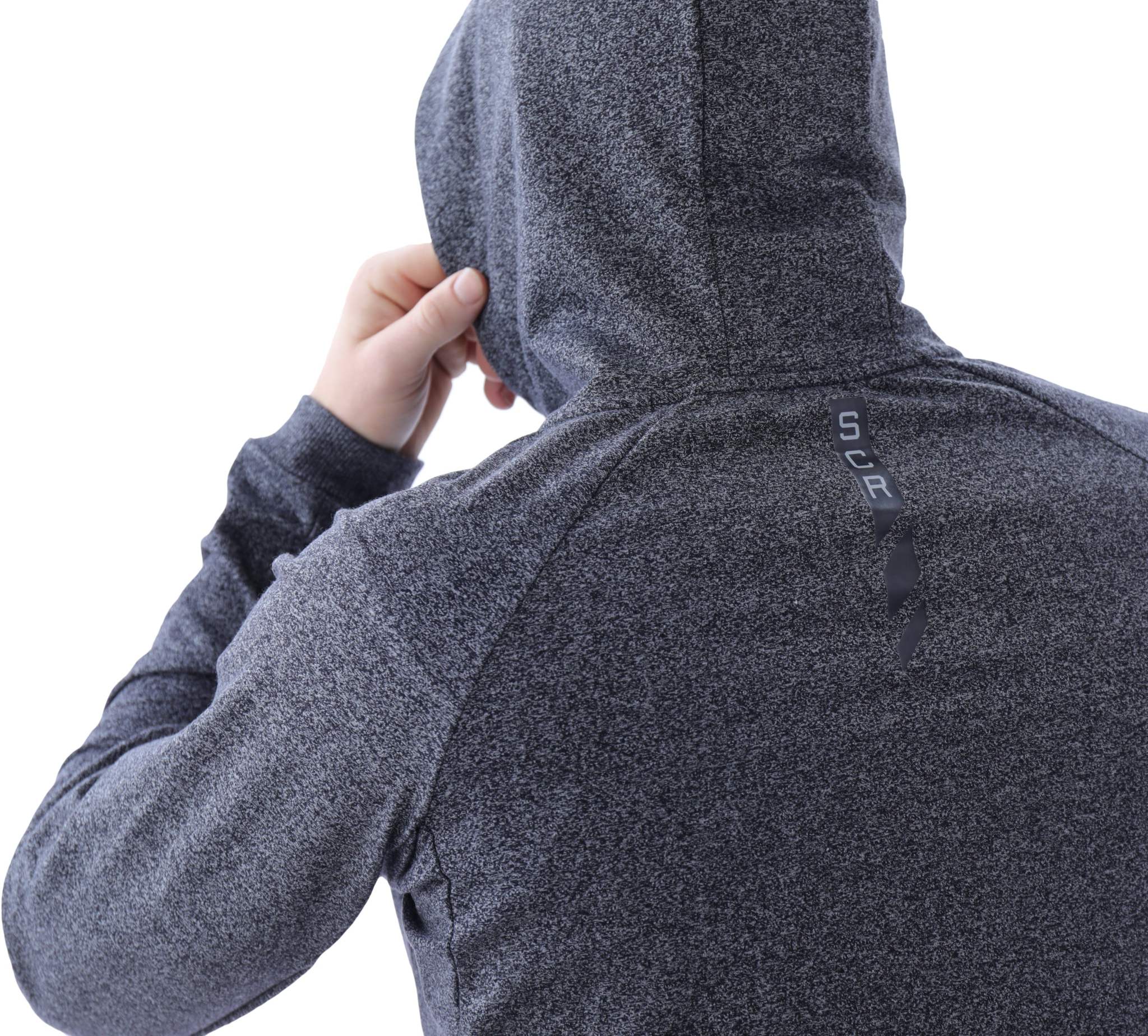 All-Day Comfort Hooded Sweatshirt in charcoal gray heathered fabric, shown from behind with an adjustable hood and logo detail