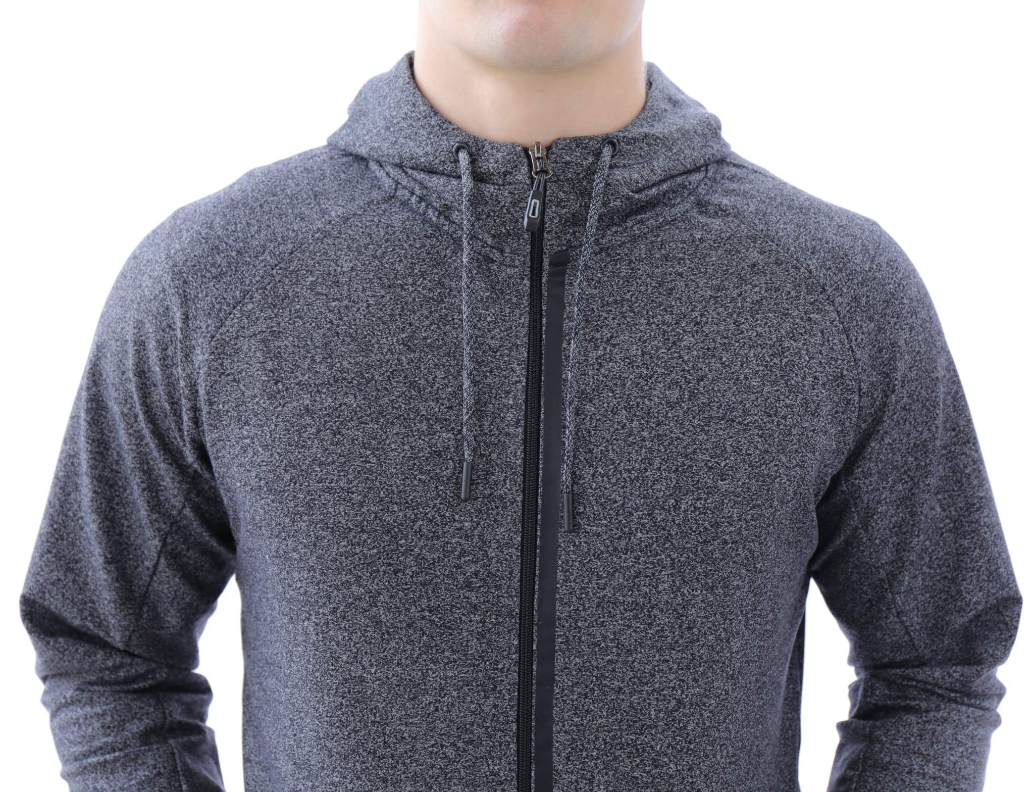 All-Day Comfort Hooded Sweatshirt in charcoal heather fabric with a full-length black zipper, drawstring hood and long sleeves