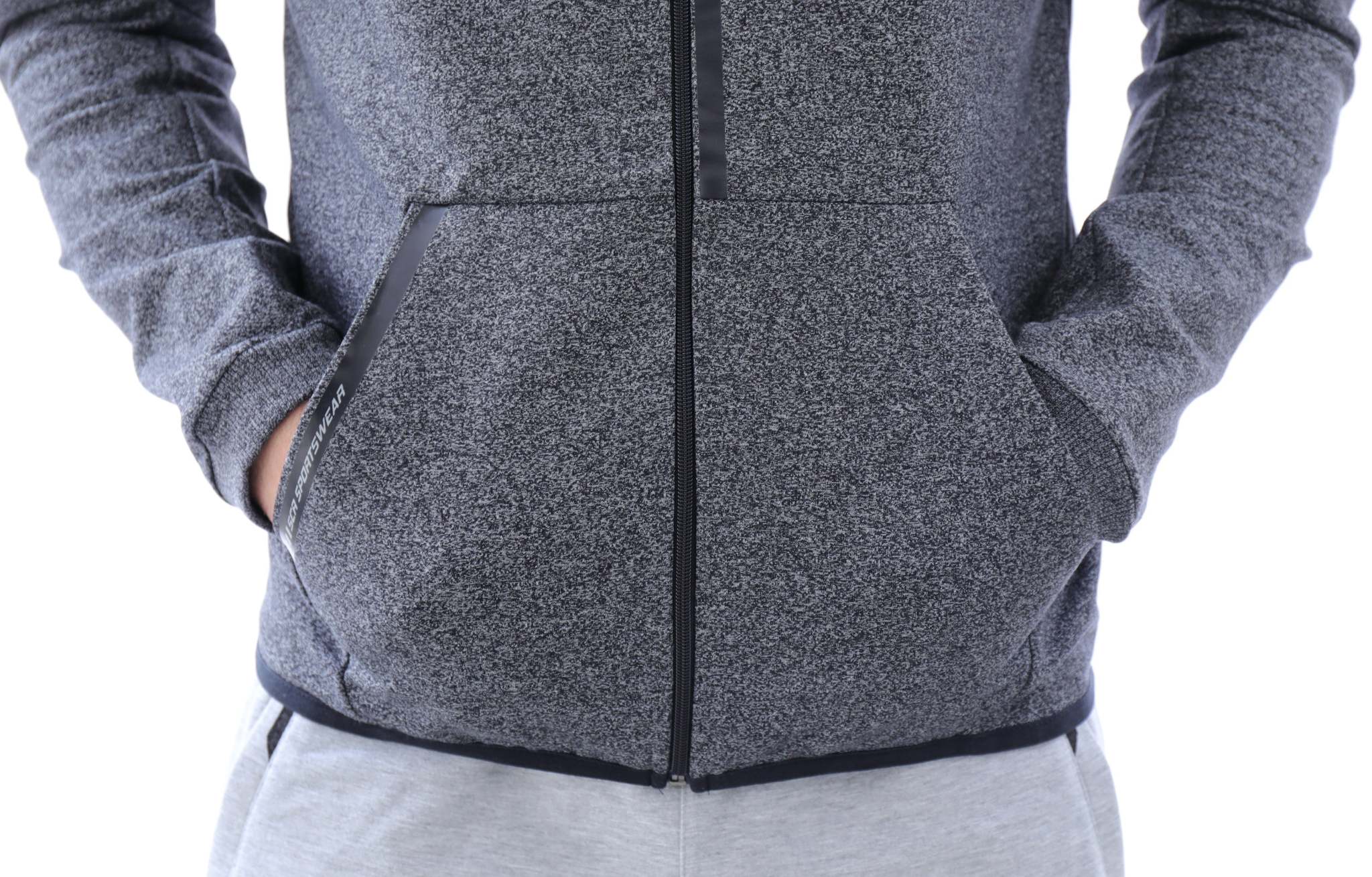 All-Day Comfort Hooded Sweatshirt in charcoal gray heathered fabric with a full front zipper and split kangaroo pockets