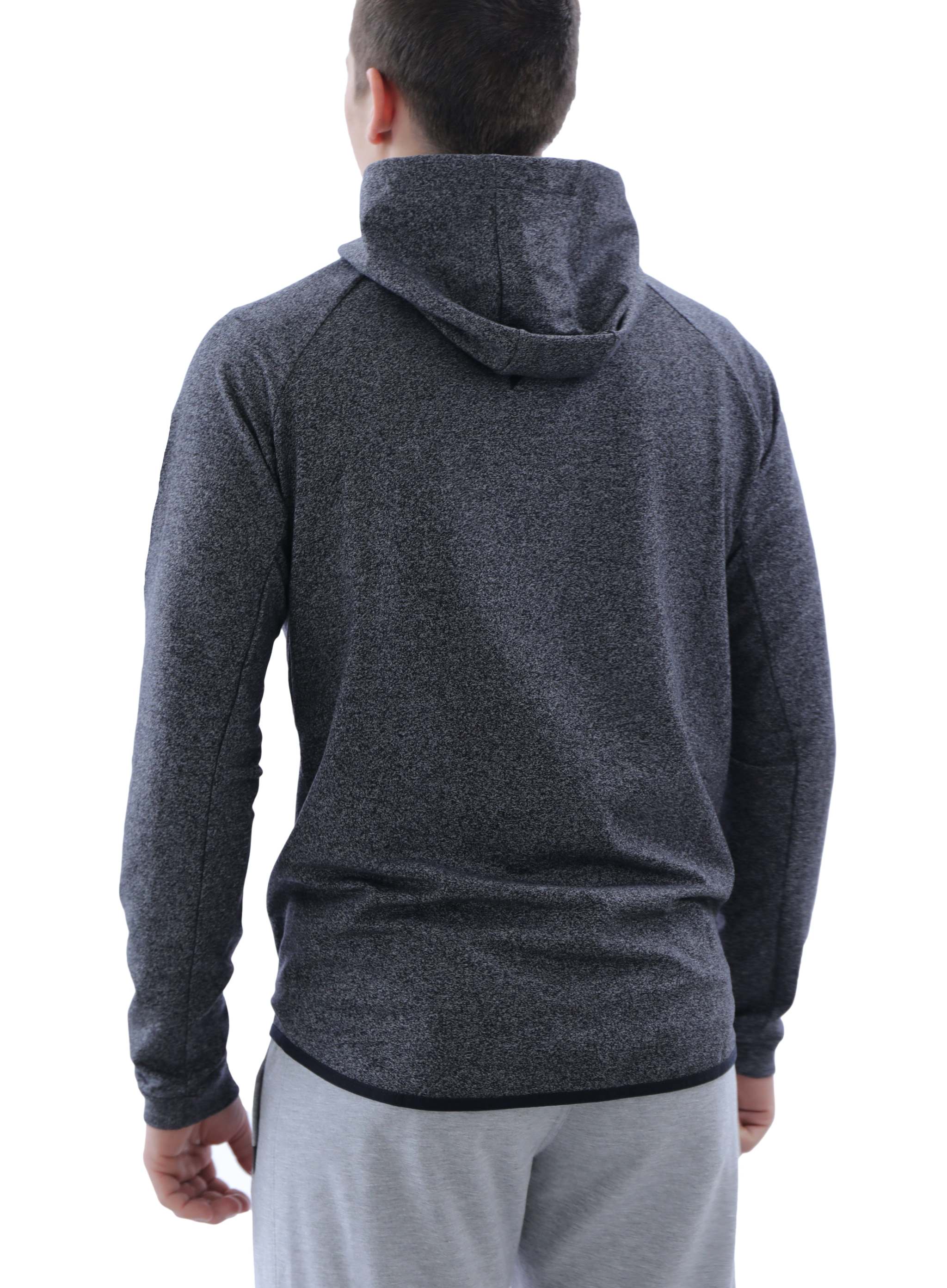 All-Day Comfort Hooded Sweatshirt in charcoal heathered fabric, with a hood, long sleeves, and a straight hem