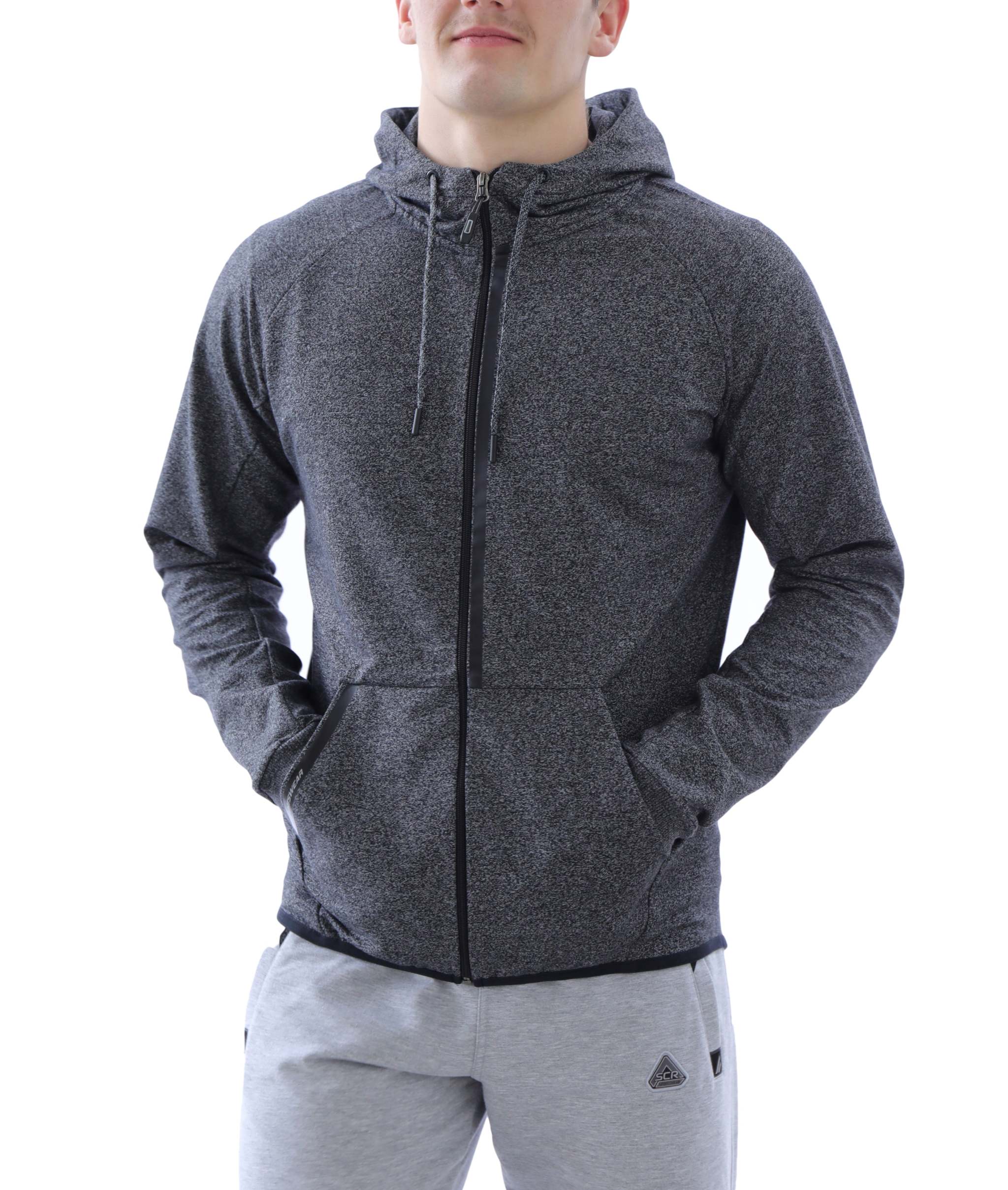 All-Day Comfort Hooded Sweatshirt in dark charcoal heathered fabric, featuring a full-length zip, drawstring hood and kangaroo pockets.