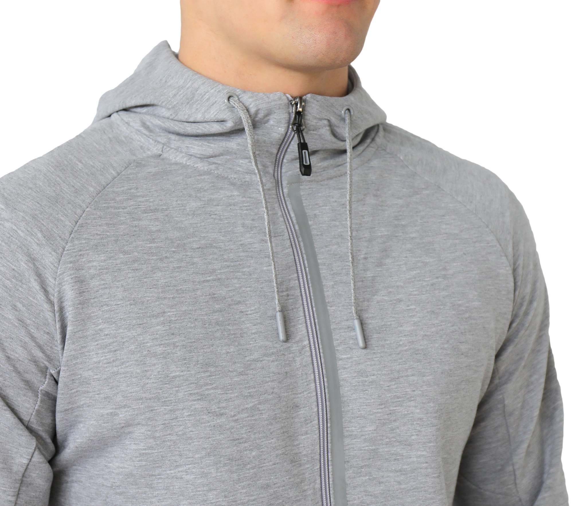 All-Day Comfort Hooded Sweatshirt in light gray fabric with a full front zipper, drawstring hood, and slim fit