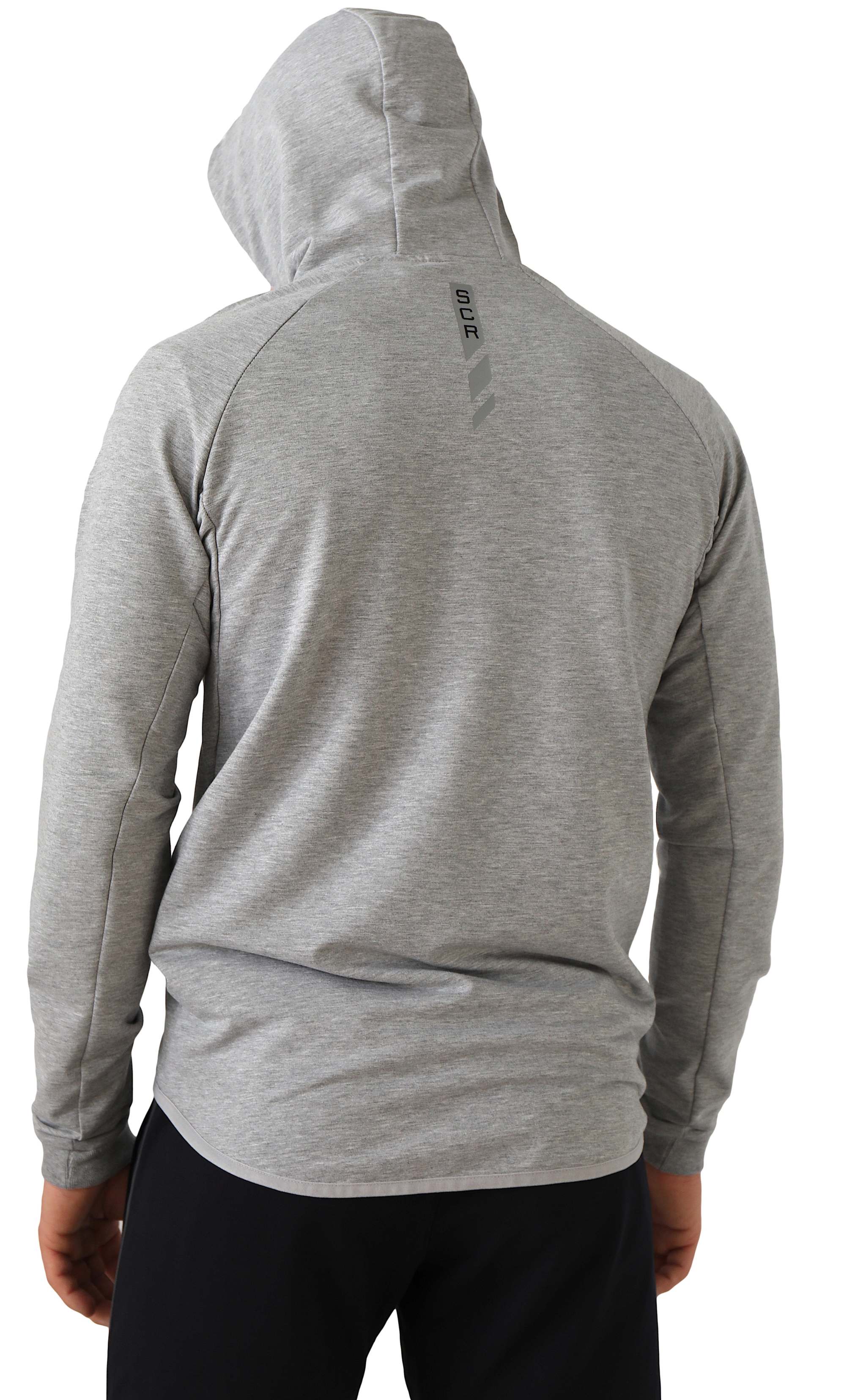 All-Day Comfort Hooded Sweatshirt in heather gray knit fabric, shown from the back with a hood and subtle vertical detail
