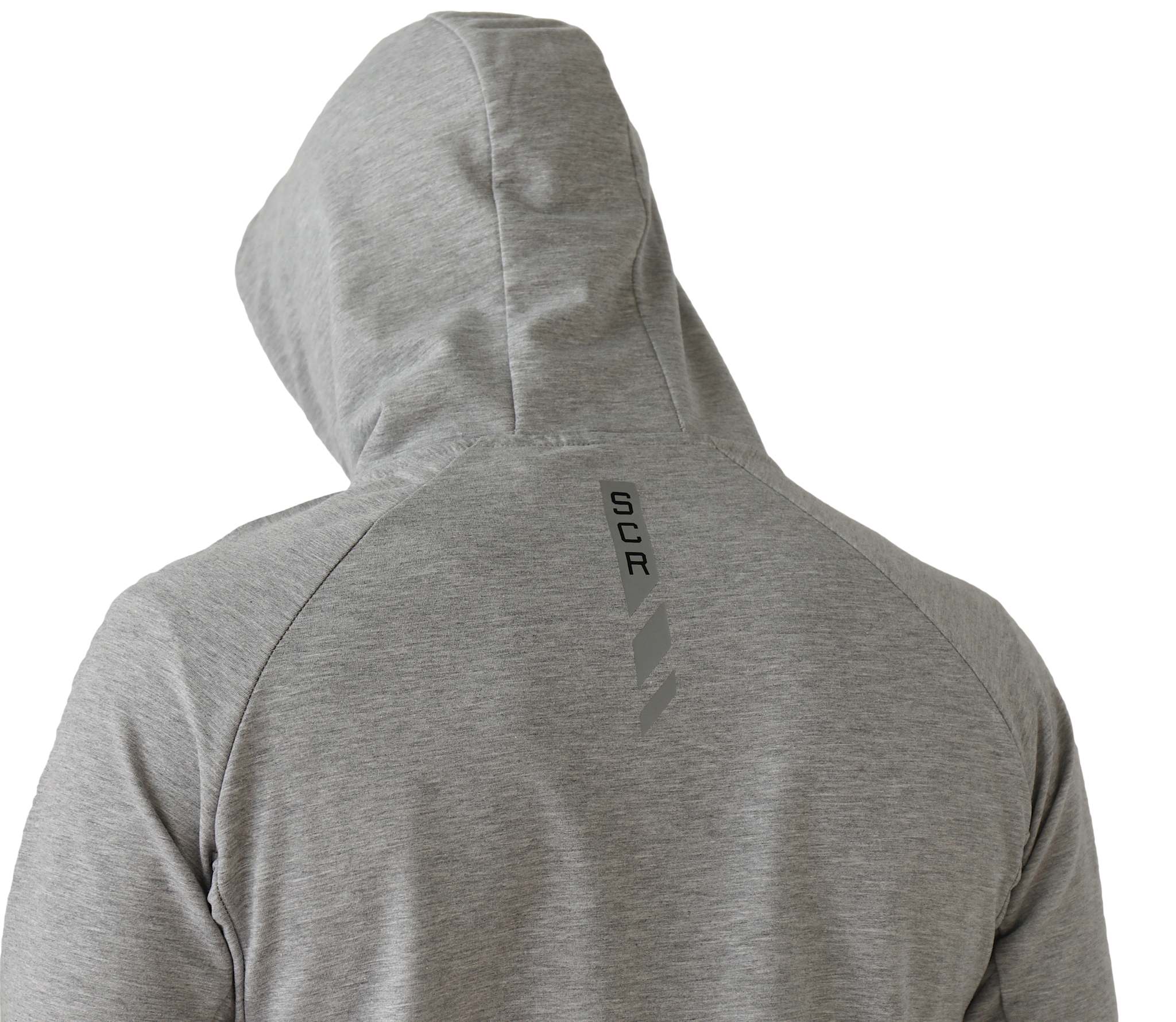 All-Day Comfort Hooded Sweatshirt in heather gray fabric, shown from the back with a hood and small vertical logo