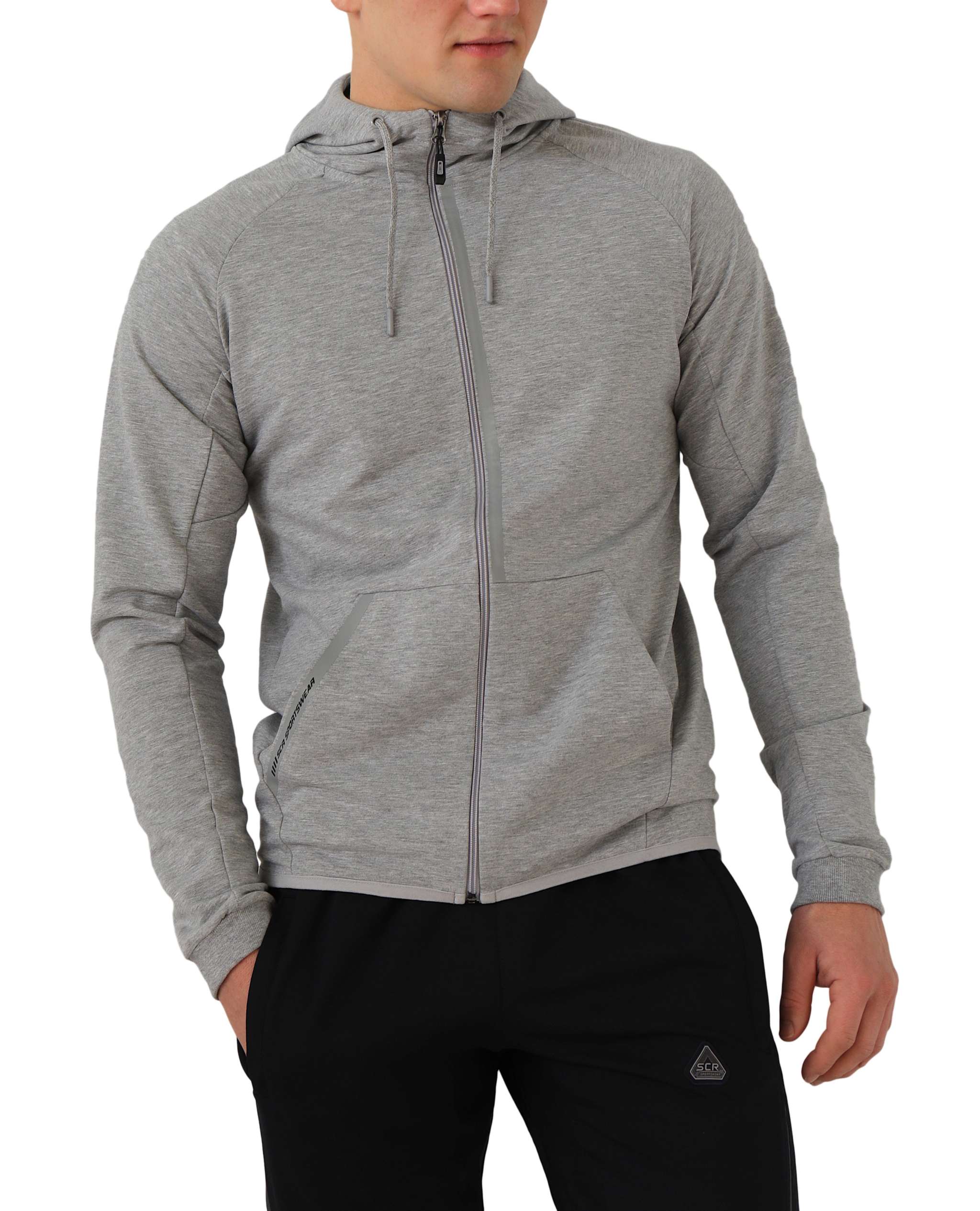 All-Day Comfort Hooded Sweatshirt in heather gray, with a full front zipper, drawstring hood, and angled pockets