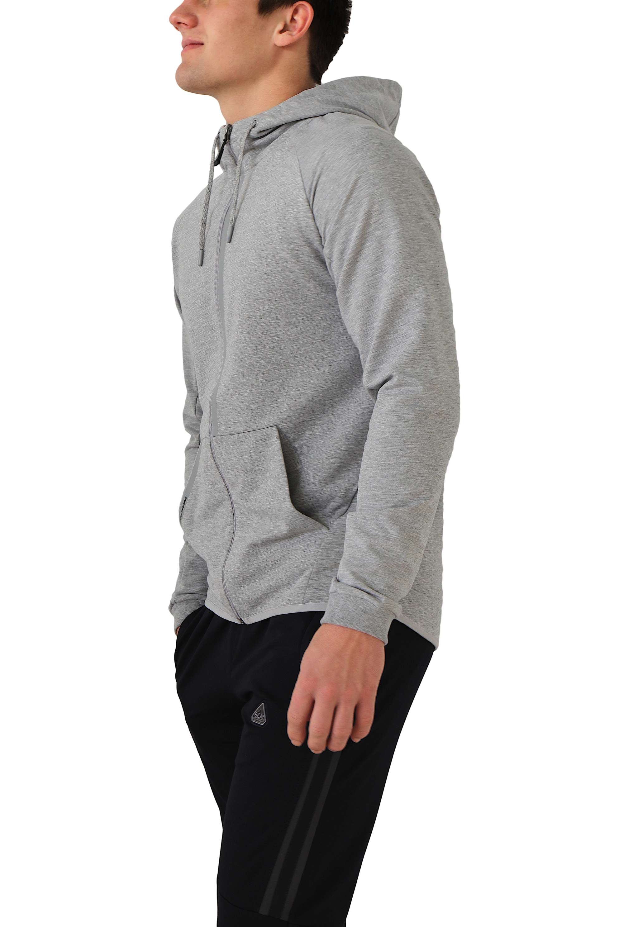 All-Day Comfort Hooded Sweatshirt in heather gray knit fabric with a full front zip, drawstring hood, and kangaroo pockets