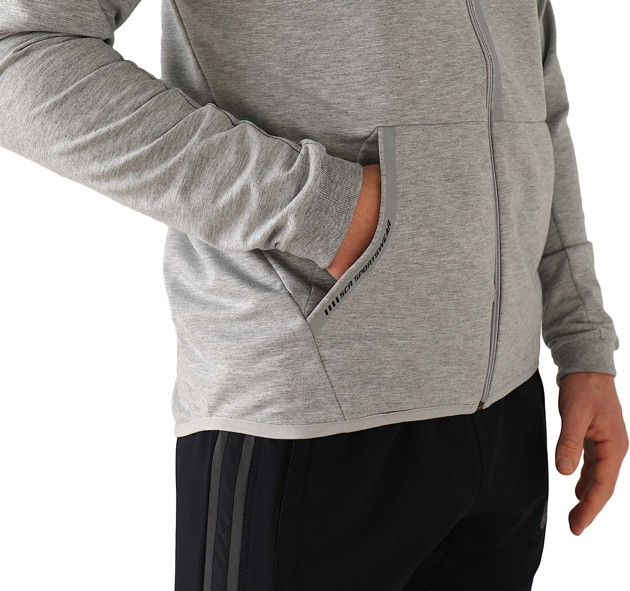 All-Day Comfort Hooded Sweatshirt in heather gray soft fabric, featuring a full zip, long sleeves, and kangaroo pockets